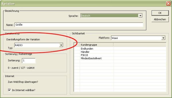 Produkt mit Variation (Radiobutton)